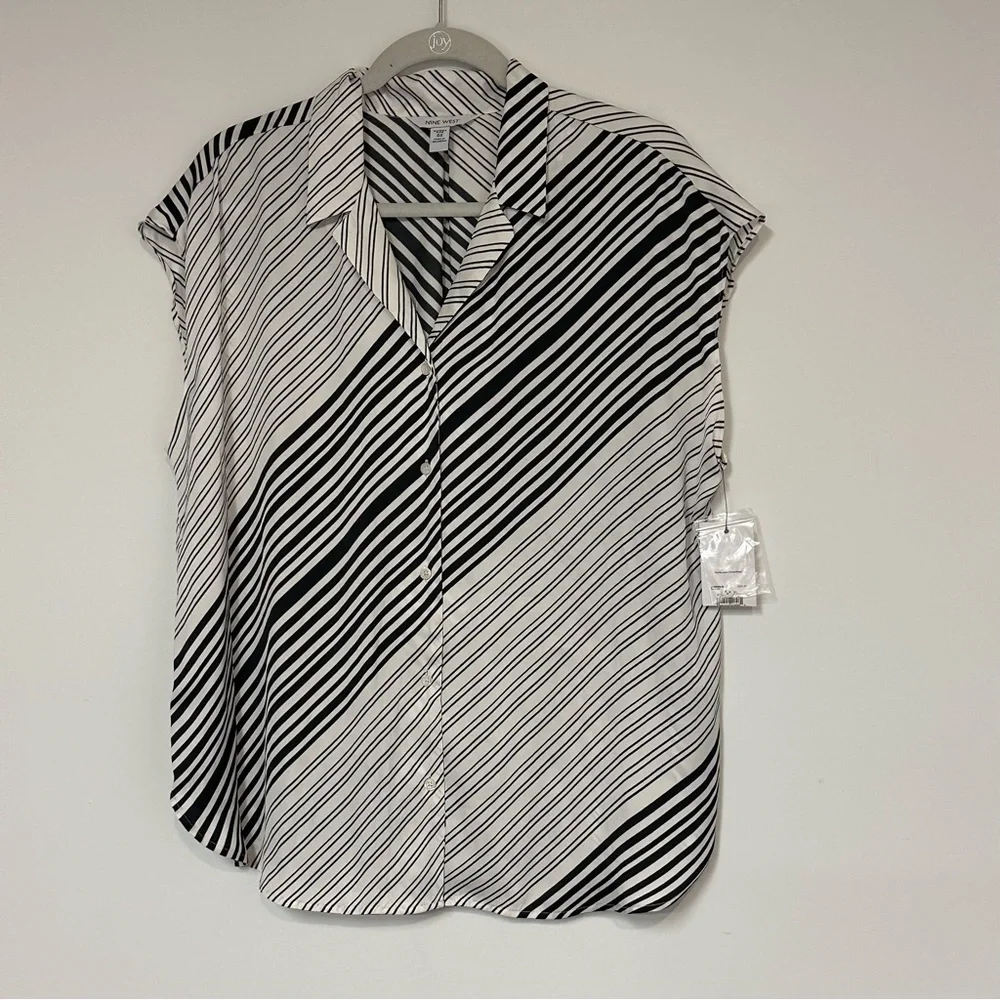 Nine West Black and White Diagonal Striped Sleeveless Workwear Blouse Plus 0XL - Picture 2 of 7